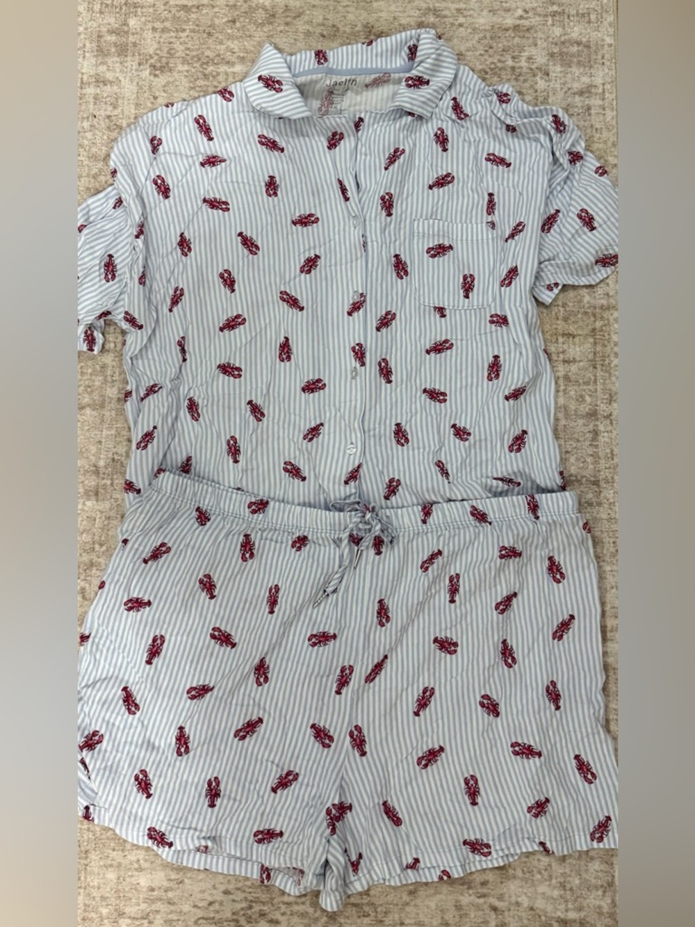 Light Blue Striped Women's Pajama Set with Red Print - Unbranded